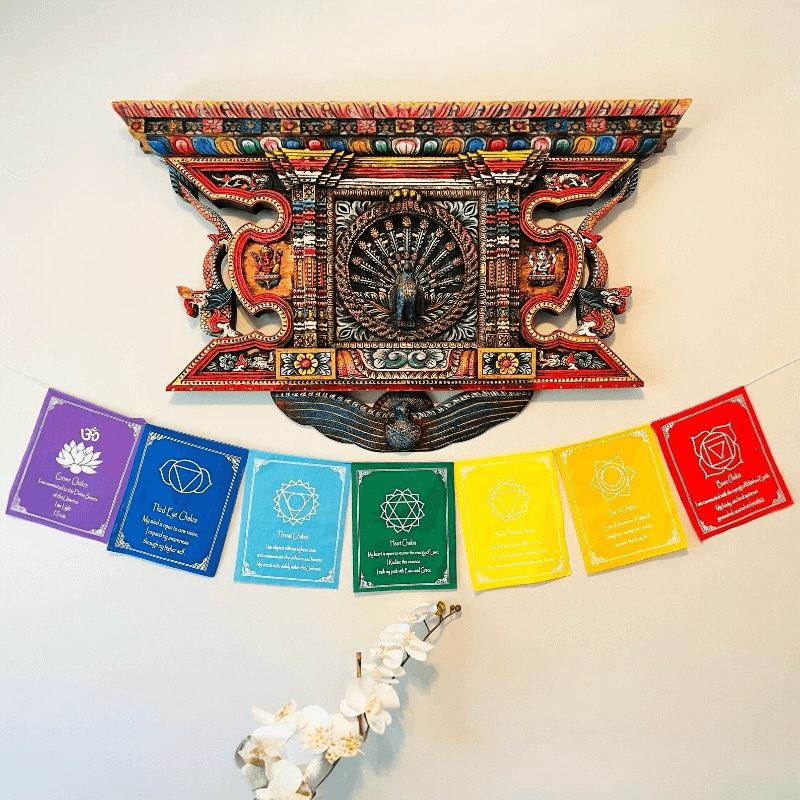 Colorful Seven Chakra Prayer Flags with spiritual symbols for healing, balance, and mindfulness décor.